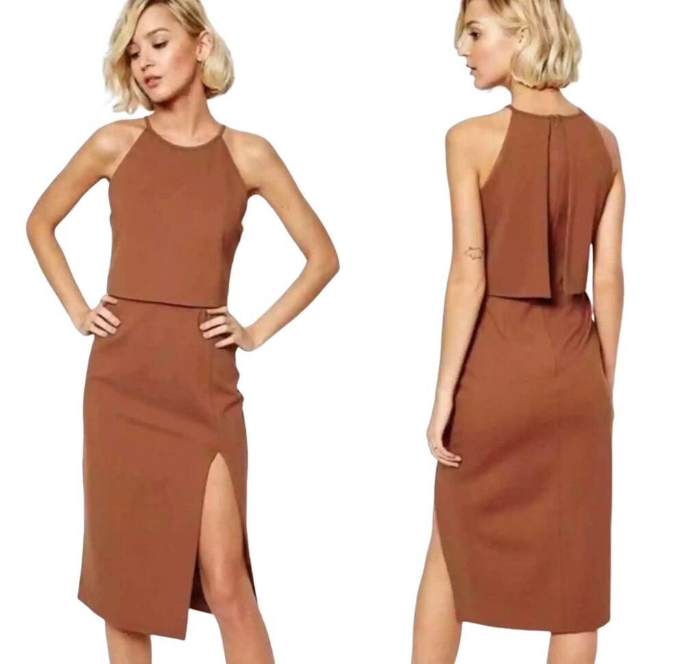 Lavish Alice Cognac Brown High Neck Sleeveless Midi Dress 8 NWT